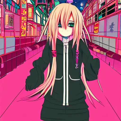 Image similar to anime girl with eccentric clothes, long spiky pink hair, cel - shading, 2 0 0 1 anime, flcl, jet set radio future, night time, entertainment district, japanese city at night, colorful buildings, lines of lights, christmas lights, rollerskaters, cel - shaded, jsrf, strong shadows, vivid hues, y 2 k aesthetic