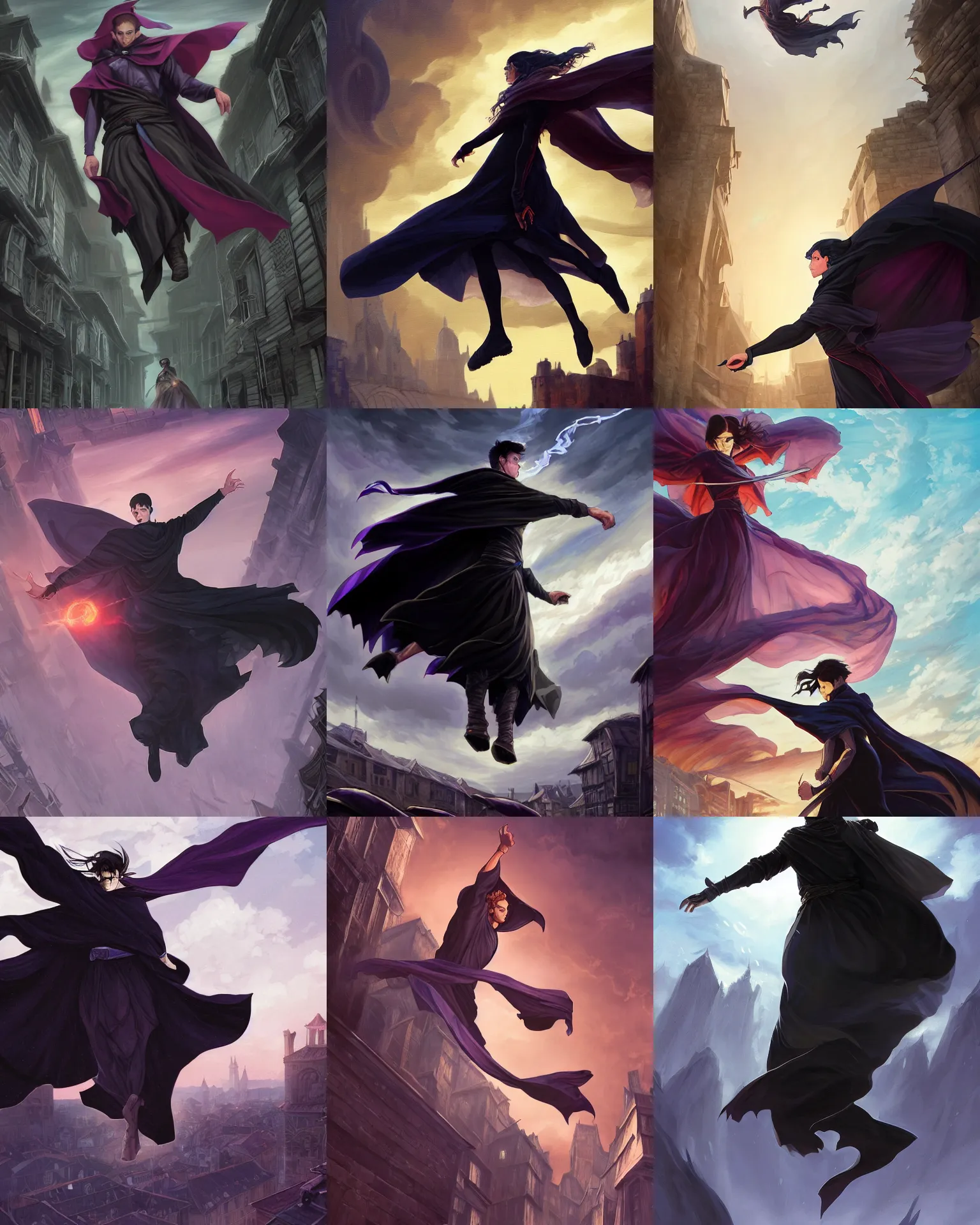 Prompt: illustration of vin from mistborn flying through the air waving the cape long strips of fabric, wearing black clothes and cape, medieval town landscape, trending on artstation, by dan mumford, yusuke murata, makoto shinkai, ross tran, josan gonzalez