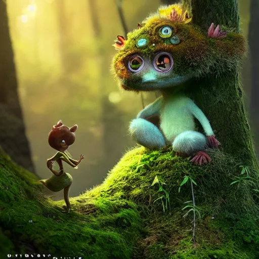 Image similar to a highly detailed digital painting of a tiny cute mossy forest creature by bobby chiu, trending on artstation, octane render, 4 k, unreal 5, big amber eyes, smiling, at sunset, macro photography, goro fujita