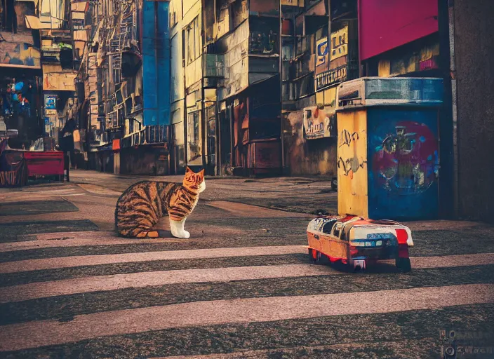 Image similar to photography of a Cat sitting on a box. in a cyberpunk street, award winning photo, colors, 100mm, sharp, high res