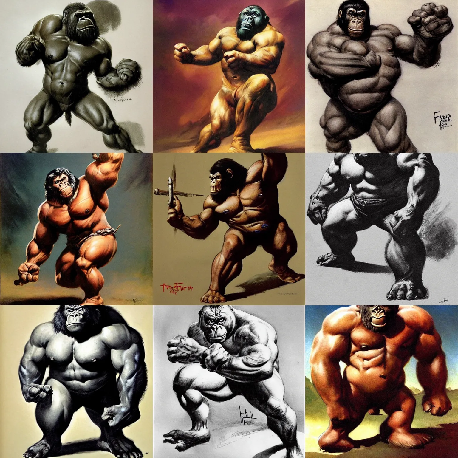 Prompt: very muscular dwarf, poised to attack like a gorilla, by frank frazetta