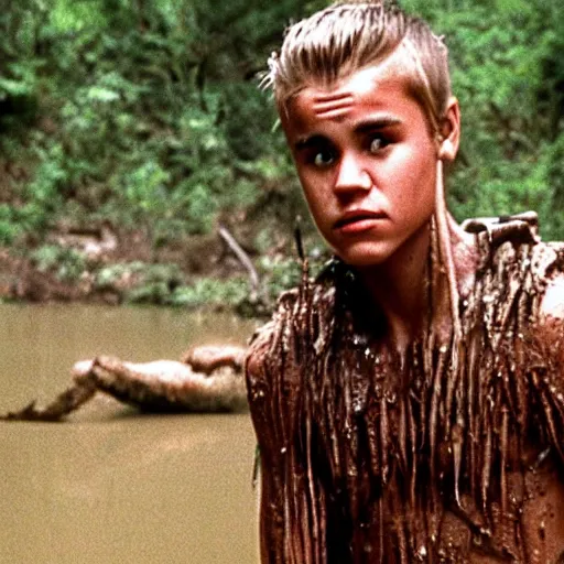 Image similar to cinematic still of justin bieber, covered in mud and watching a predator in a swamp in 1 9 8 7 movie predator, hd, 4 k