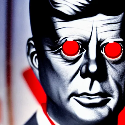 Image similar to jfk with robotic metallic skin and glowing red eyes, realistic photography high detail