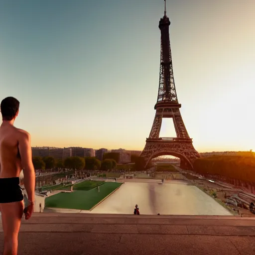 Prompt: shirtless man with big hairy black chest hair and a! photo camera in his hand! standing in front of the eiffel tower early in the morning, photorealistic, 4 k, good composition, beautiful, smooth, aesthetic,