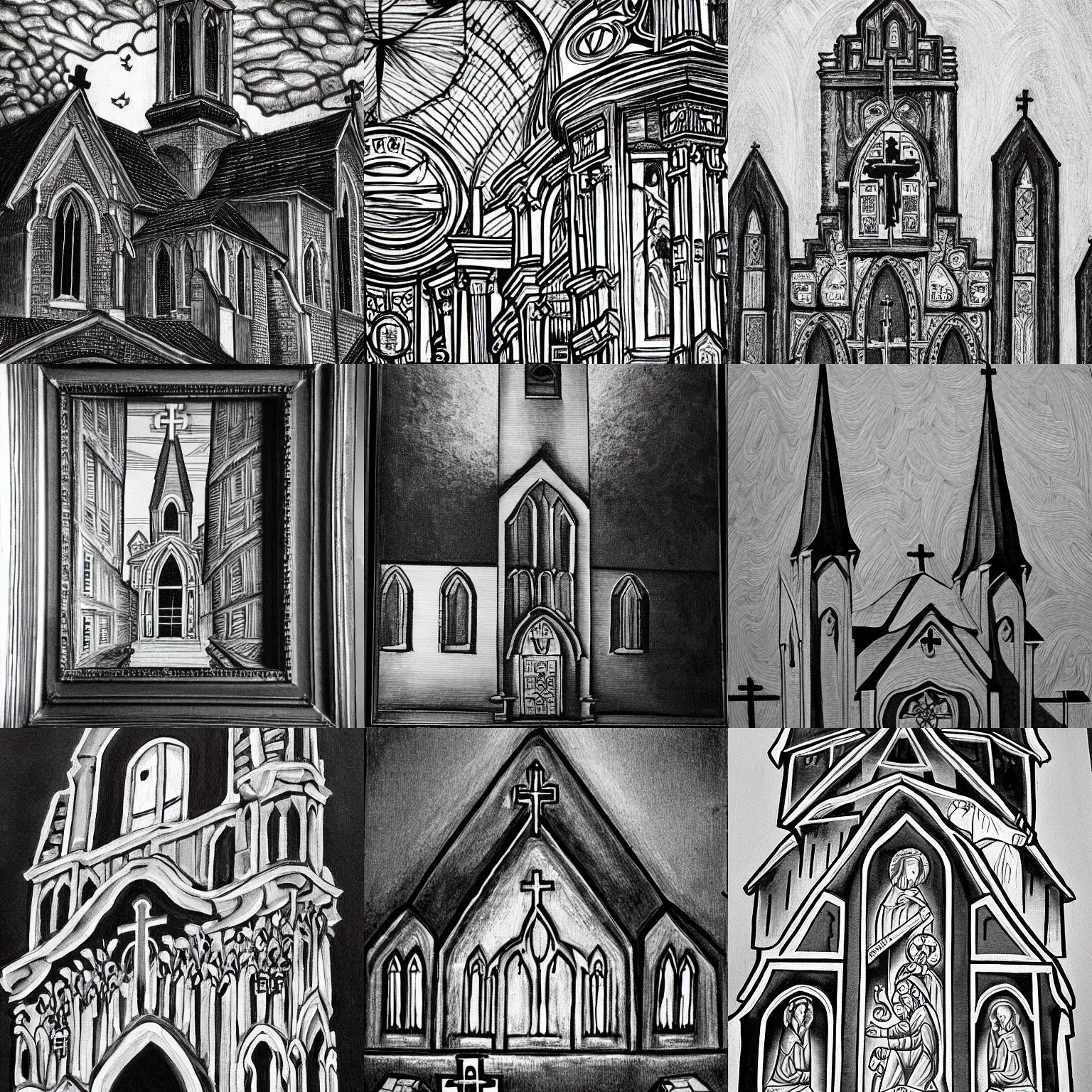 Prompt: church painting, extremely detailed, black and white lowbrow art