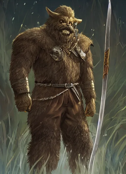 Prompt: strong young man, photorealistic bugbear ranger, black beard, dungeons and dragons, pathfinder, roleplaying game art, hunters gear, flaming sword, jeweled ornate leather armour, concept art, character design on white background, by studio ghibli, makoto shinkai, kim jung giu, poster art, game art
