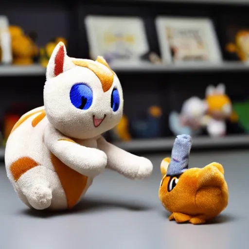 Prompt: a small plush toy of meowth from pokemon being douced in milk and thrown against a wall