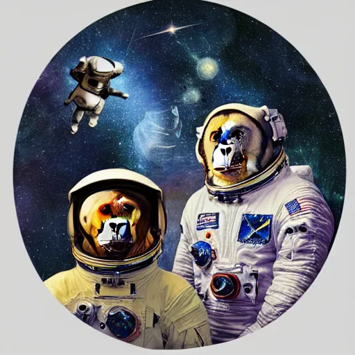 Image similar to double exposure portrait of astronaut and a chimpanzee astronaut with space and time in the the background by davinci, circles, psychedelic, pencil art, high definition, dynamic lighting stars, sharpness, golden ratio