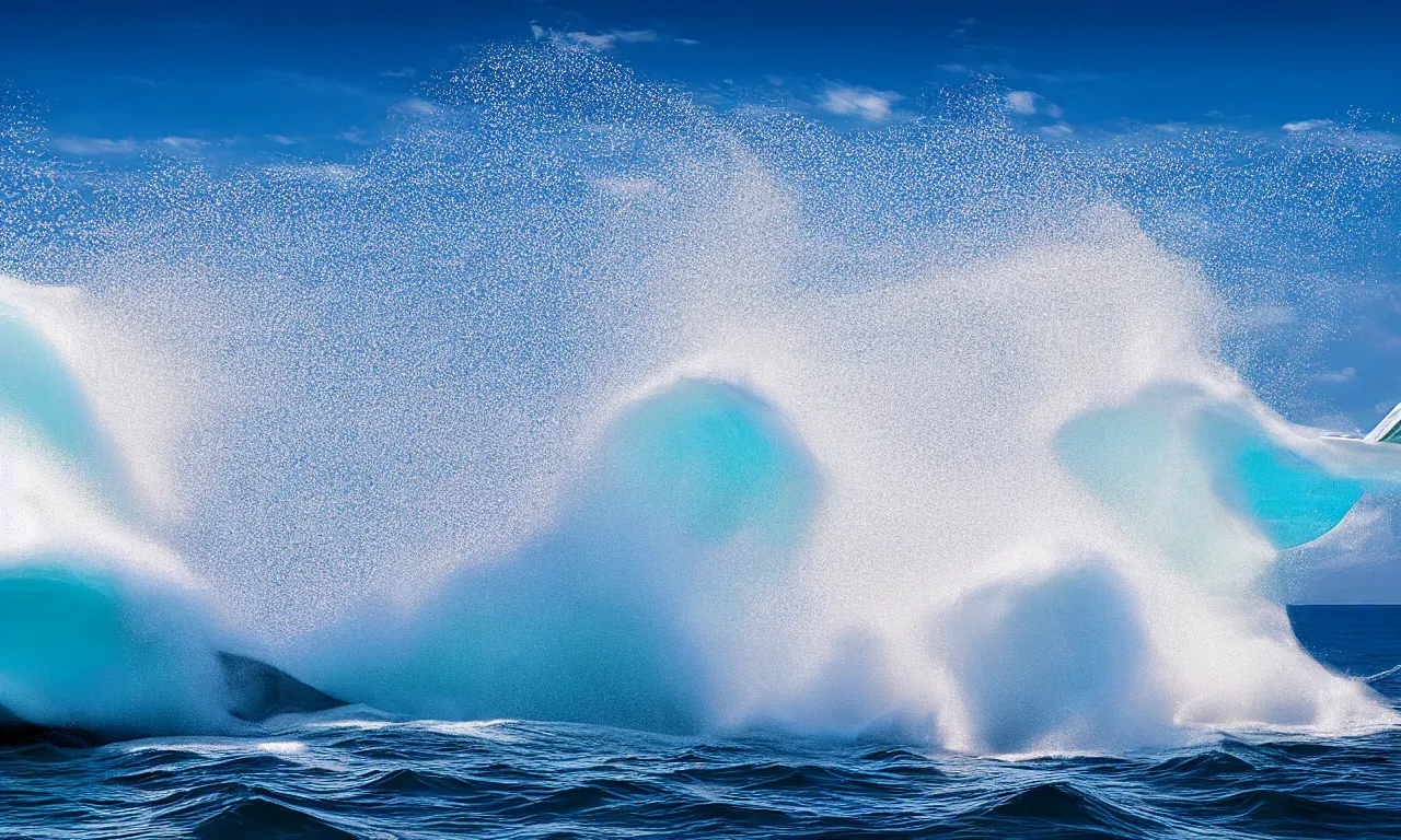 Prompt: speeding luxury motorboat at open sea by national geographic blue earth, breaking wave, sprayed, foam, high speed photography, dramatic camera angle, close up, low camera angle, award winning photography