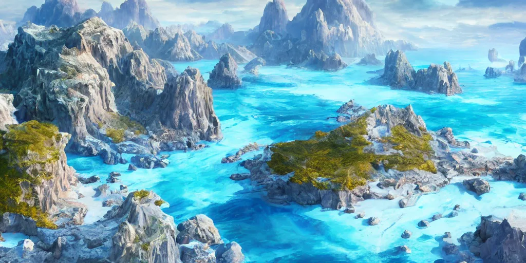 Image similar to salt covered islands surrounded by colourful rugged crystal quartz mountains, illustration, bright sunlight, sun glints, sunrays, digital art, hyperrealistic, oil painting, fantasy, 8 k, trending on artstation, detailed