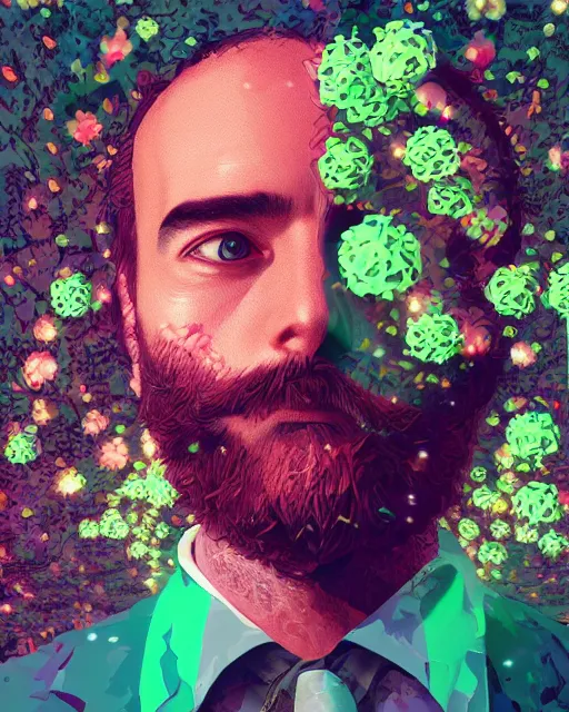 Image similar to a realistic ultradetailed digital painting of a man with flowers in his beard, profile, cyberpunk art by beeple, behance contest winner, retrofuturism, voxel art, # pixelart, dystopian art