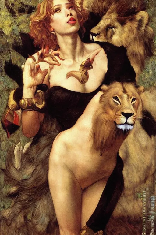 Image similar to scarlett johansson as a lion tamer by edgar maxence and caravaggio and michael whelan and delacroix