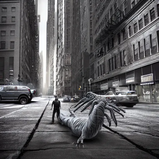 Prompt: a gigantic creature crawling into the streets of contemporary New York City, Large horror landscape, high detail, apocalypse, liminal space, volumetric lighting, hyperrealistic character, zbrush, cg art, 3dscan, haunting atmosphere, Artstand, 8k