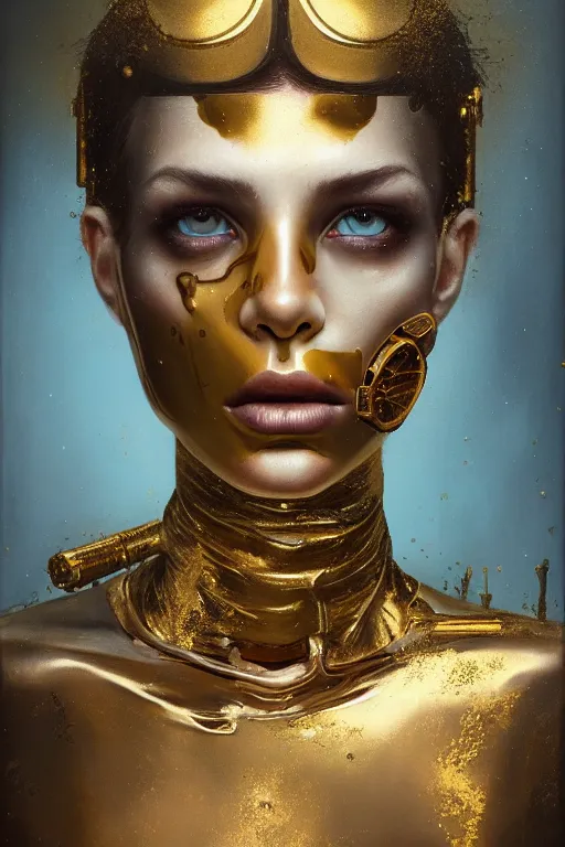 Image similar to a stunning ultra realistic fine art painting of a calm cyborg with gold paint dripping from its face by tom bagshaw, studio portrait, 50mm lens, 4K