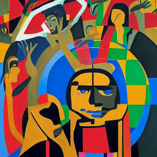Image similar to A painting. A rip in spacetime. Did this device in her hand open a portal to another dimension or reality?! Mesoamerican, neo-expressionism by Jacob Lawrence, by Iain Faulkner forbidding, vivid