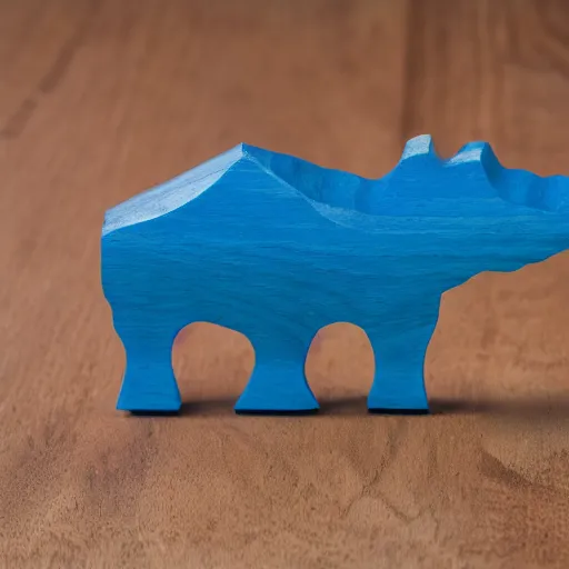 Image similar to a zoomed out studio product shot of a minimalist carved hippopotamus, carved from a glued block of 5 0 % cherry wood and 5 0 % blue resin, in profile, like a catalog photograph, mostly wood, with a smooth featureless minimalist look