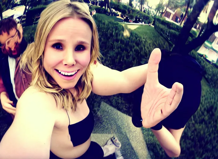 Prompt: gopro footage, photograph of my hand touching kristen bell's fat chubby belly, her belly is fat and round, 8 k, sharp, detailed