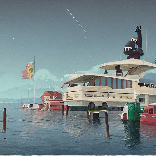 Image similar to yachting club by simon stalenhag