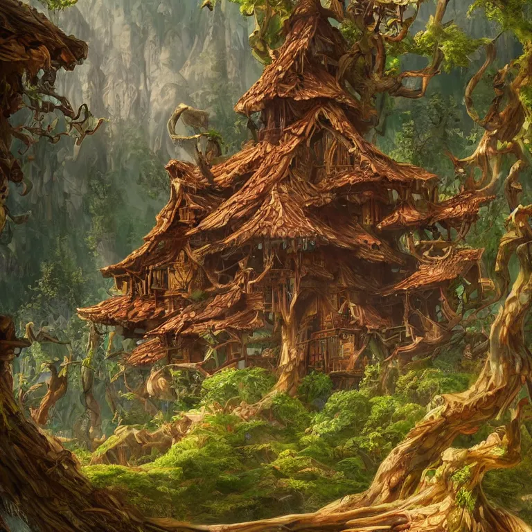 Prompt: a wooden palace growing from a tree, wild colors, intricate, highly detailed, digital painting, artstation, concept art, smooth, sharp focus, illustration, art by john avon, Lucas Graciano, Sarah Finnigan, sharp, smooth