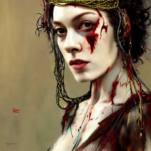 Image similar to stoya expressive oil painting, of helena bonham carter mixed with sophia lauren, bumpy mottled skin full of blood and scars, ornate headpiece made from crystals, cables and wires, body horror, by yoshitaka amano, by greg rutkowski, by jeremyg lipkinng, by artgerm, digital art, octane render