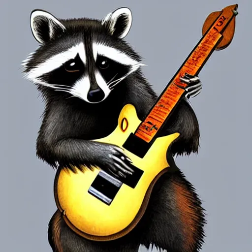 Prompt: a raccoon playing electric guitar, artstation, digital art