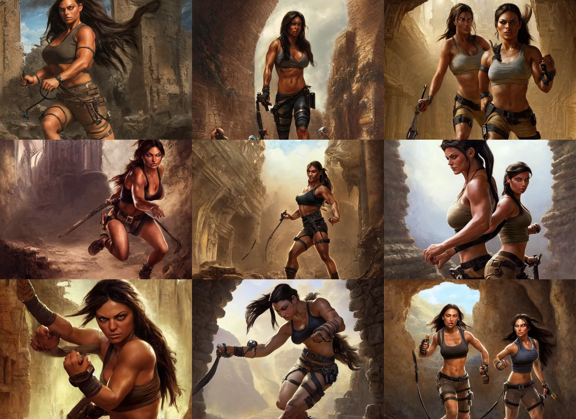 Image similar to portrait of muscled Mila Kunis as Lara Croft running out of an ancient ruin filled with scary mummies, elegant, highly detailed, centered, digital painting, artstation, concept art, artgerm, donato giancola, Joseph Christian Leyendecker, WLOP, Boris Vallejo, Artgerm