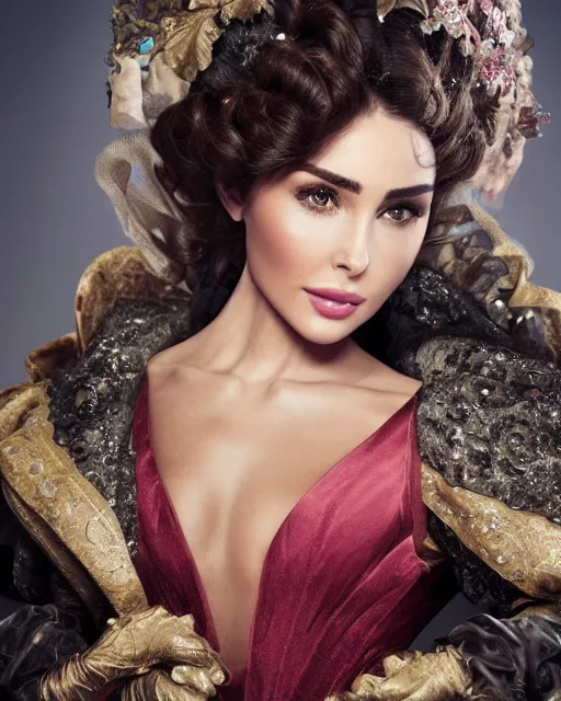 Image similar to Olivia Culpo as milady de winter, styling by Tom Eerebout & Sandra Amador, clear makeup, clean hair, dry skin, clear skin, airbrushed, bright eye makeup, warrior body, photo by mario testino, 8k octane render, cinematic, hyper detailed, micro details, insanely detailed, trending on artstation, concept art