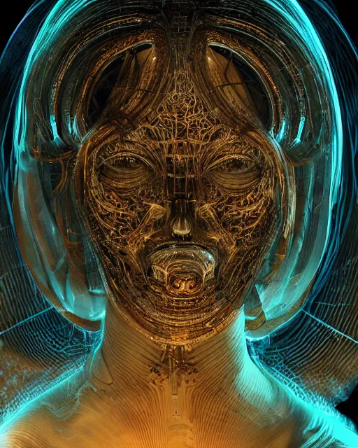 Image similar to luminescent long exposure light painting by h. r. giger of a beauteous biomechanical practical sumptuous full frame photo realistic face, lifelike incredible hair, crystalline masterpiece incrustations, hyperdetailed face, elegant pose, movie still, intricate, octane render, cinematic forest lighting,