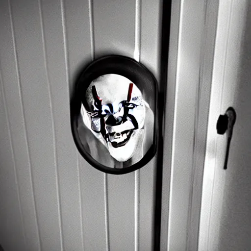 Prompt: scary pennywise on low resolution ring door camera, nightvision