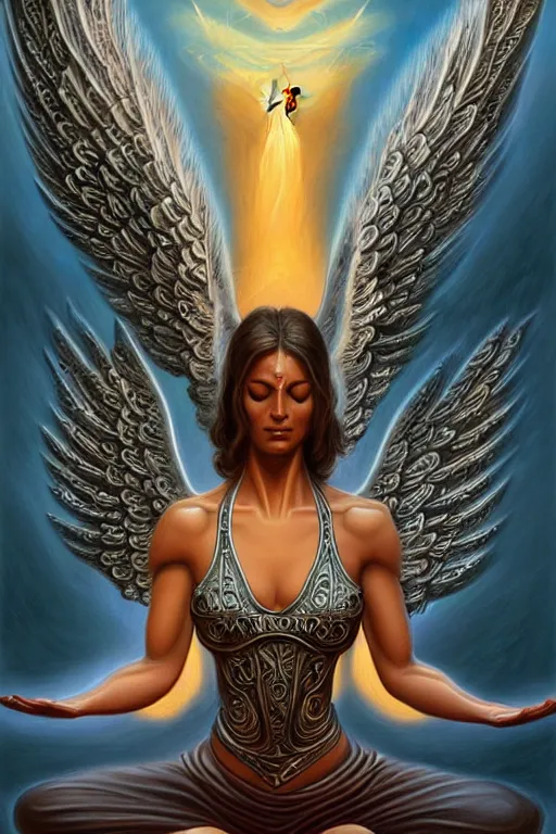 Image similar to angel doing yoga in temple, angel is wearing a t - shirt with metal band logo, fantasy, intricate, elegant, highly detailed, digital painting, artstation, concept art, matte, sharp focus art by boris vallejo, smooth, sharp focus, illustration