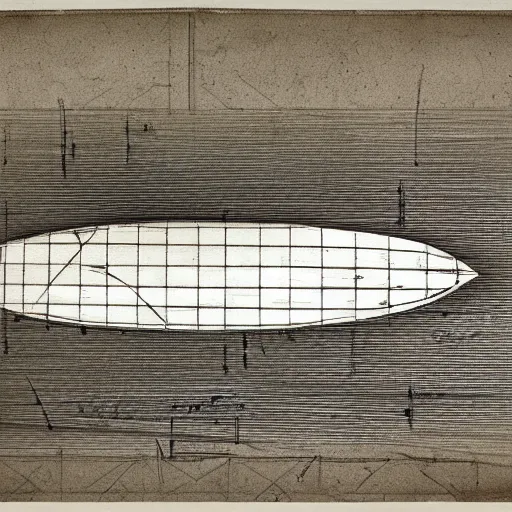 Image similar to blueprint sketch of a surfboard painted by leonardo da vinci, technical sketch, high detail, charocal drawing