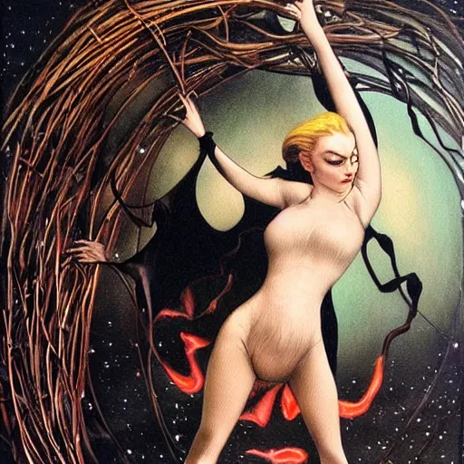 Image similar to dark swan queen, black feathers instead of hair, feathers growing out of skin, black fingers with black claws, bird feet, black bodysuit, disney villain, dark fae, moulting, suspended in zero gravity, on spaceship with cables hanging down, highly detailed, mike mignogna, ron cobb, mucha, oil painting