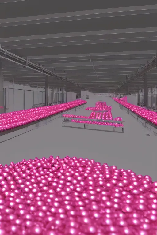 Image similar to Factory Conveyor Belt of Pink Vials, photorealistic, ultra detailed, 4k