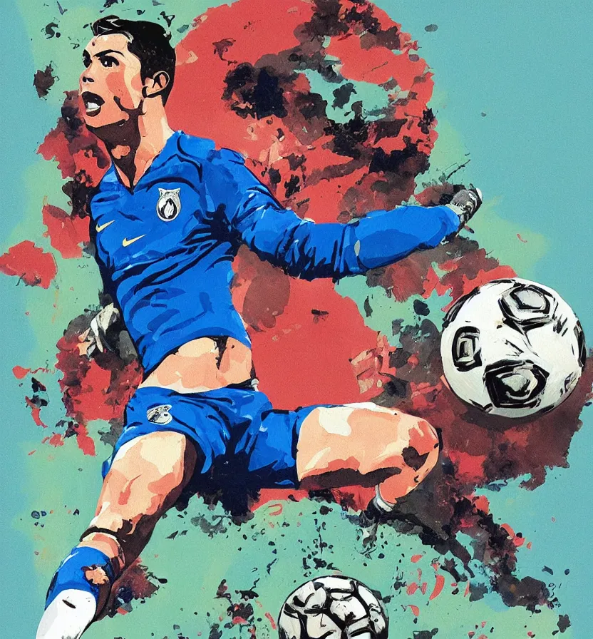 Prompt: cristiano Ronaldo tackling a blue meat ball in the style of illustration of wojtek siudmak, football, nike