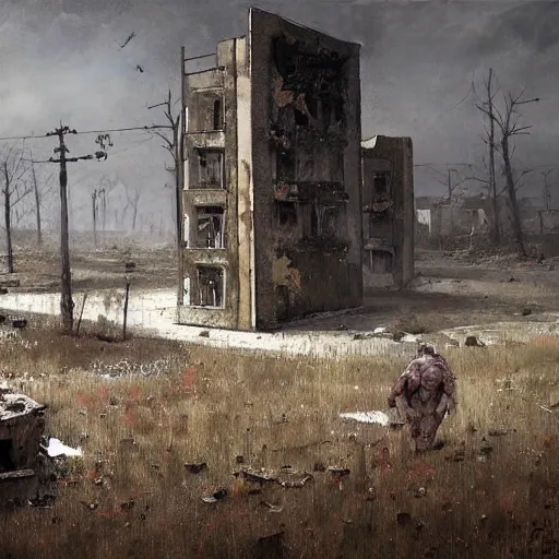 Image similar to painting of a abandoned post soviet town infested with humanoid root monsters by jakub rozalski