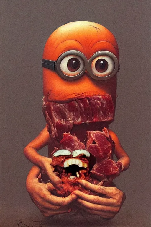 Image similar to a minion devouring a ball of meat in the style of beksinski