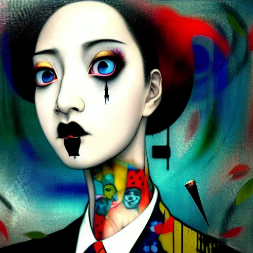 Image similar to yoshitaka amano blurred and dreamy realistic three quarter angle portrait of a young woman with black lipstick and black eyes wearing office suit with tie, david lynch abstract patterns in the background, satoshi kon anime, noisy film grain effect, highly detailed, renaissance oil painting, weird portrait angle, blurred lost edges