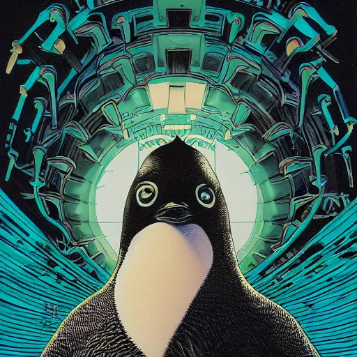 Image similar to portrait of crazy penguin, symmetrical, by yoichi hatakenaka, masamune shirow, josan gonzales and dan mumford, ayami kojima, takato yamamoto, barclay shaw, karol bak, yukito kishiro