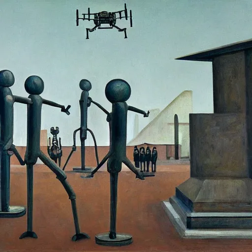 Image similar to drab slave human workers building robots, watched by fascist drones, brutalist factory chapel, dystopian, pj crook, edward hopper, oil on canvas