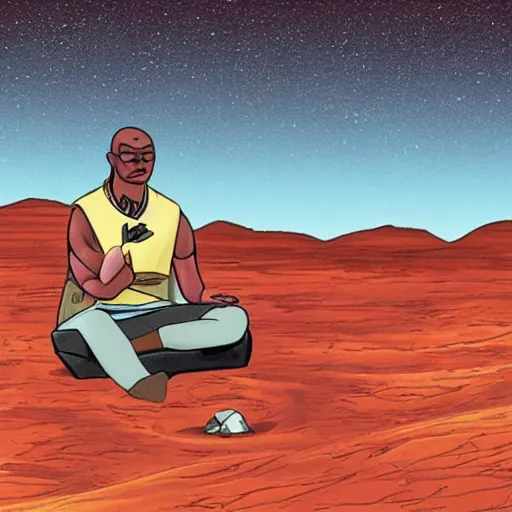 Prompt: geordie laforge meditating on a rock on mars
