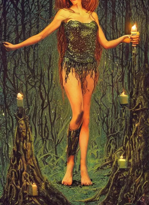 Prompt: seventies slim young horror actress, sequin top, candlelit forest, strong line, deep color, beautiful! coherent! by brom, by brian froud