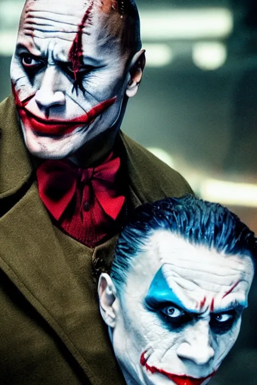 Image similar to dwayne johnson as the joker, movie still