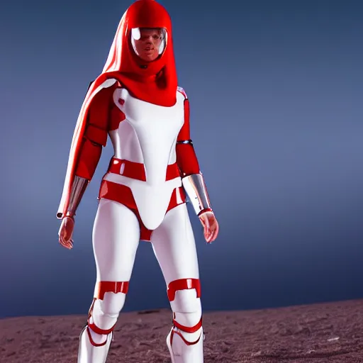 Image similar to portrait of a athletic female soldier in glossy sleek white armor with tiny red details and a long red cape, heroic posture, on the surface of mars, night time, dramatic lighting, cinematic, sci-fi, hyperrealistic