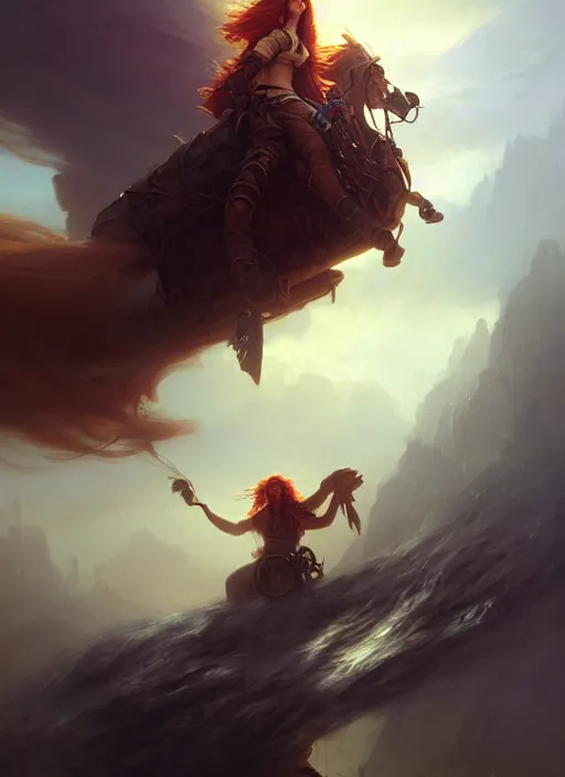 Prompt: portrait painting of a handsome rugged long hair red hair male pirate, soft hair steampunk airship in the sky art by raphael lacoste and stephan martiniere greg rutkowski gaston bussiere fantasy soft hair trending on artstation deviantart book cover art concept art key art dramatic volumetric lighting, 4 k, award winning