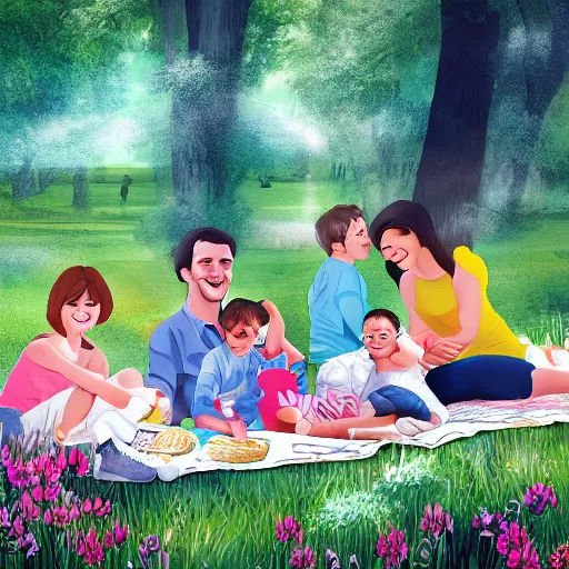 Image similar to happy family on picnic hyper realistic digital illustration