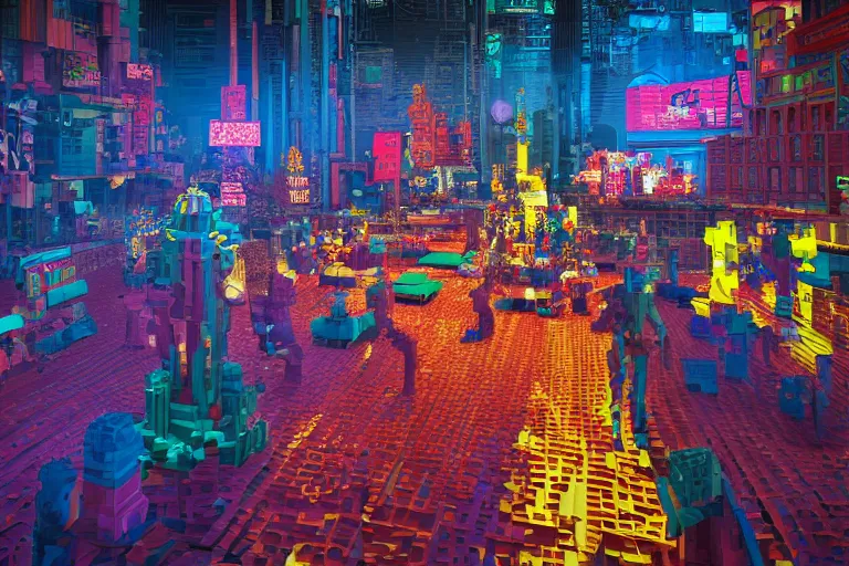 Prompt: Carnival, very highly detailed face's and body's. Voxel art by Caravaggio, cyan dimensional light, Details by Caravaggio, Cyberpunk city as Background by Hiromasa Ogura