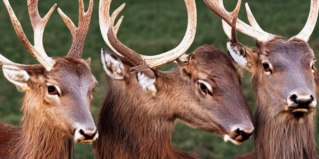 Prompt: two magnificent stags lock horns, high resolution nature photograph, national geographic