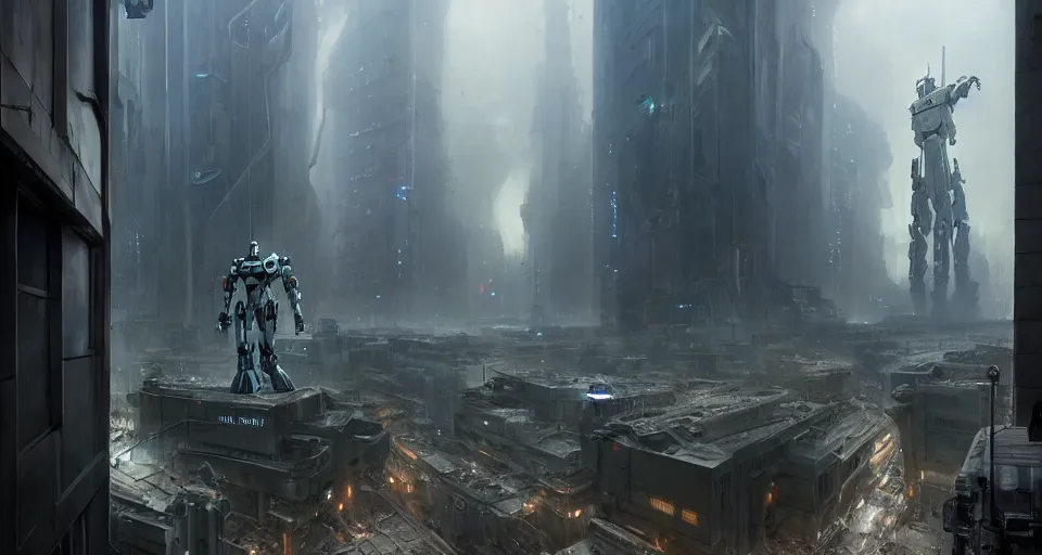 Image similar to hyper realistic sci - fi matte concept art painting of mecha standing on top of a building overlooking war in the streets, beautiful details, strong composition painted by kim jung guweta studio rutkowski, james gurney and greg rutkowski, and lucasfilm, smooth, intricate, detailed, sharp focus, cinematic