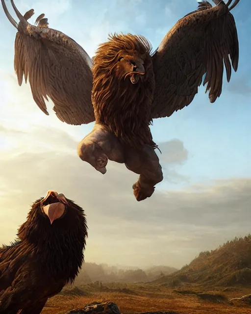 Image similar to human / eagle / lion / ox hybrid with two horns, one beak, mane and human body. beautiful dynamic lighting, cinematic, wide angle establishing shot, extremely high detail, photo realistic, cinematic lighting, post processed, concept art, artstation, matte painting, style by frederic church, raphael lacoste, unreal engine 8 k