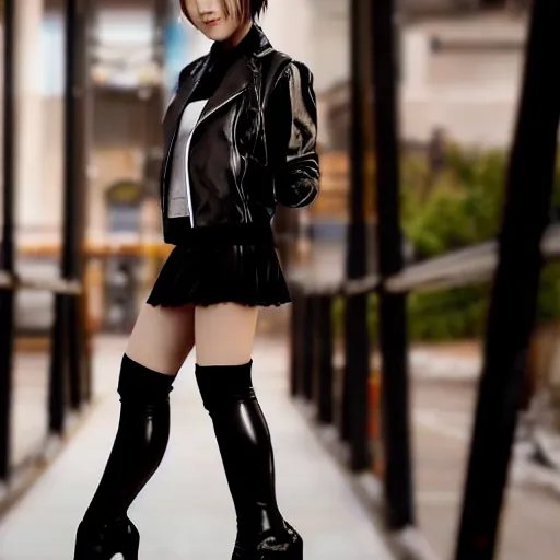 Image similar to a dynamic, epic cinematic 8K HD movie shot of a japanese young J-Pop idol girl wearing leather jacket, miniskirt, nylon tights and high heels boots. Motion, VFX, Inspirational arthouse